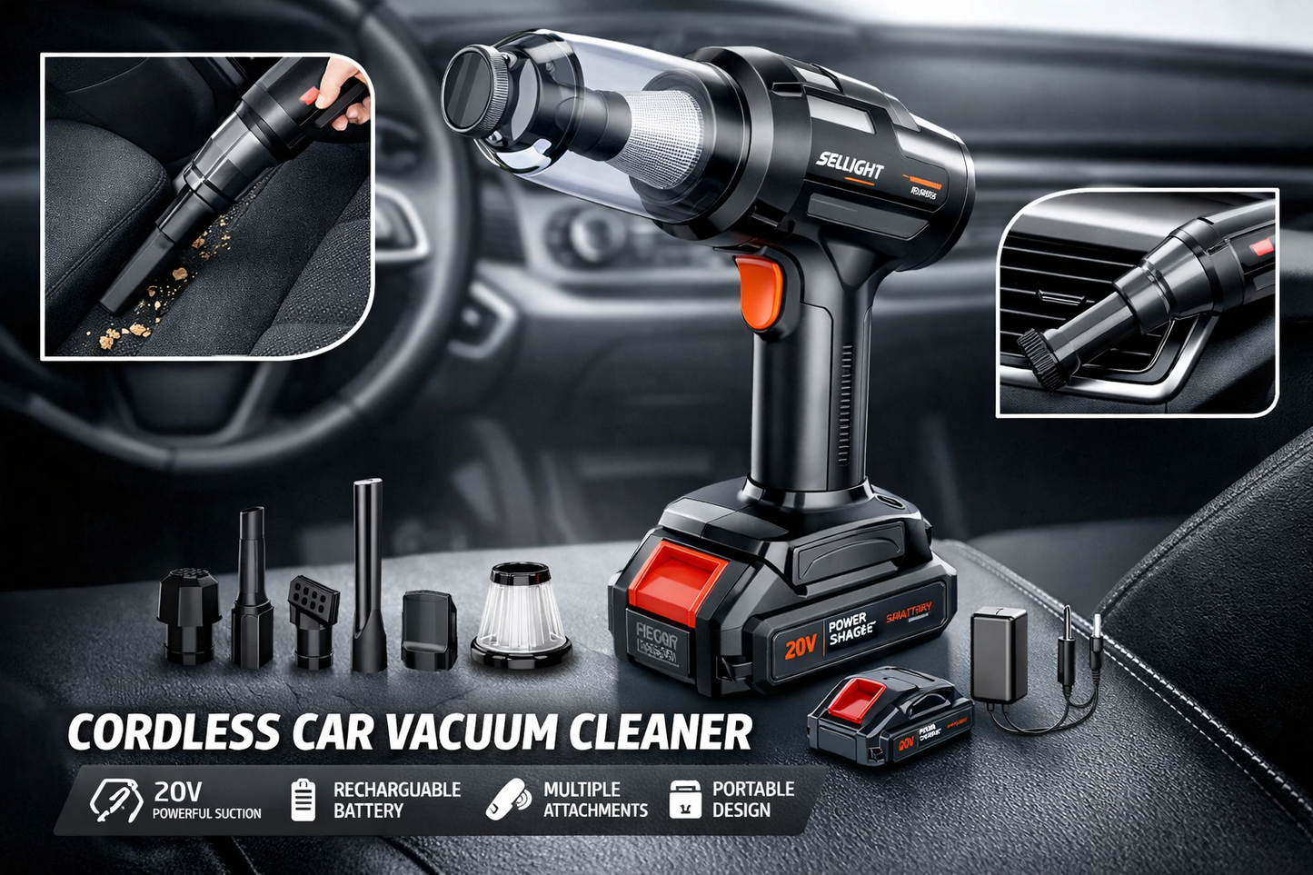 Handheld Car Vacuum Wireless, Portable car Vacuum Cleaner with Blower Battery for Home & Car, SEALIGHT Handheld Vacuum Cleaner, 21000Pa 9-in-1 Handheld Vacuum Cleaner Battery